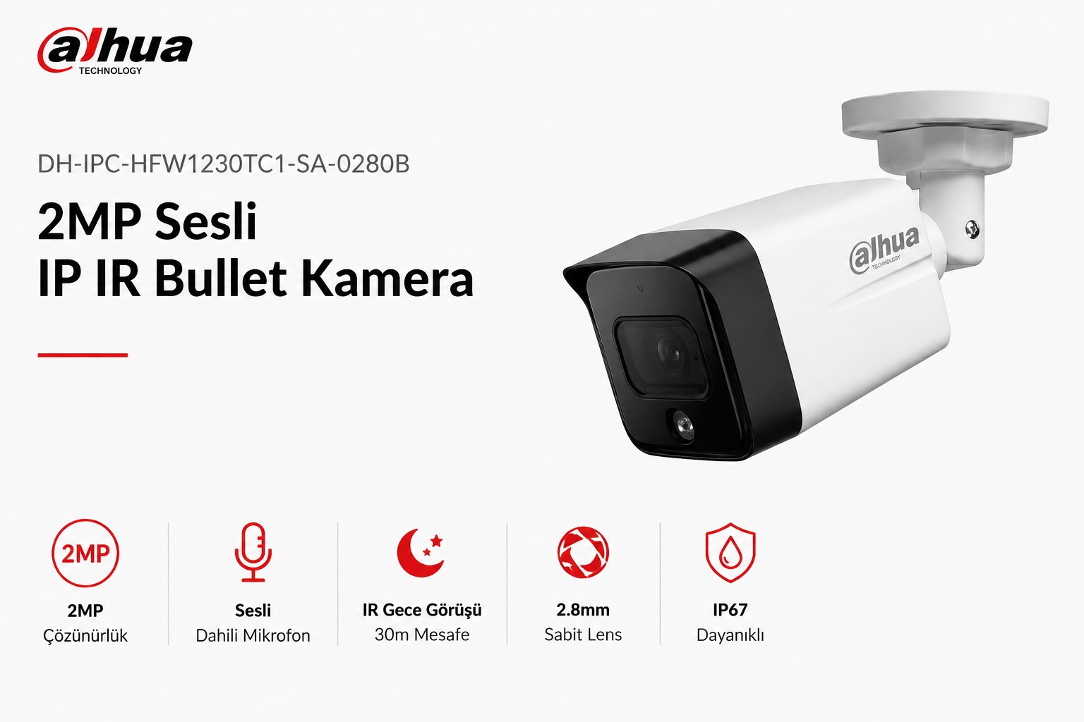 DAHUA DH-IPC-HFW1230TC1-SA-0280B 2MP 2.8MM SESLİ IP IR BULLET KAMERA DAHUA DH-IPC-HFW1230TC1-SA-0280B 2MP 2.8MM SESLİ IP IR BULLET KAMERA