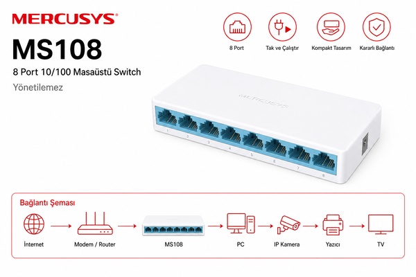 TP-LINK MERCUSYS MS108 8 PORT 10/100 MASAÜSTÜ SWITCH (YÖNETİLEMEZ) TP-LINK MERCUSYS MS108 8 PORT 10/100 MASAÜSTÜ SWITCH (YÖNETİLEMEZ)