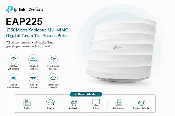 TP-LINK OMADA EAP225 1350Mbps KABLOSUZ MU-MIMO GIGABİT TAVAN TİPİ ACCESS POİNT TP-LINK OMADA EAP225 1350Mbps KABLOSUZ MU-MIMO GIGABİT TAVAN TİPİ ACCESS POİNT