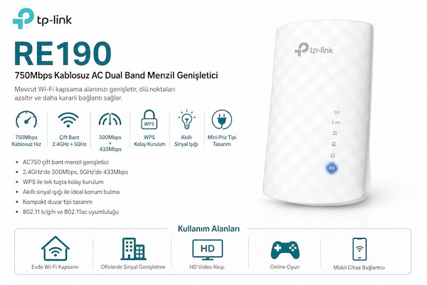 TP-LINK RE190 750MBPS KABLOSUZ AC DUAL BAND KOLAY KURULUM MENZİL GENİŞLETİCİ TP-LINK RE190 750MBPS KABLOSUZ AC DUAL BAND KOLAY KURULUM MENZİL GENİŞLETİCİ