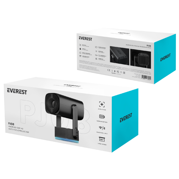 EVEREST PJ08 SİYAH 5200MAH OTOMATIK ODAKLAMA 720P HD 4K DESTEKLI 5200 LÜMEN ANDROID 11 EKRAN YANSITMALI RAINBOW HD PROJE