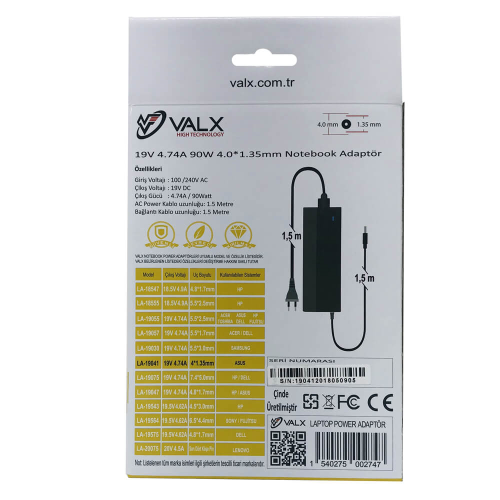 VALX LA-19041 19V 4.74A 90W 4.0x1.35  Asus Adaptör